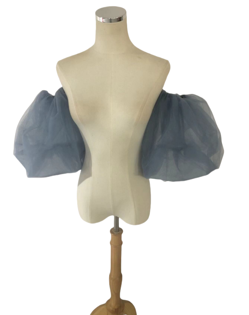 ブルーグレー パフスリーブ ソフトチュール ストレッチ ブライダル 結婚式 前撮り 可愛い