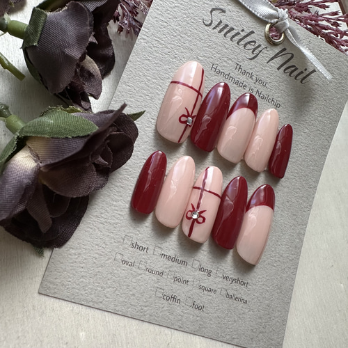 12))フレンチガーリー ネイルチップ リボン ボルドーネイル クリスマスネイル 364》ボルドー リボン ニュアンスネイル ネイルチップ フレンチ