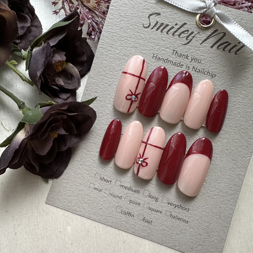 33))ネイルチップ フレンチガーリー ボルドー シンプルネイル ニュアンス