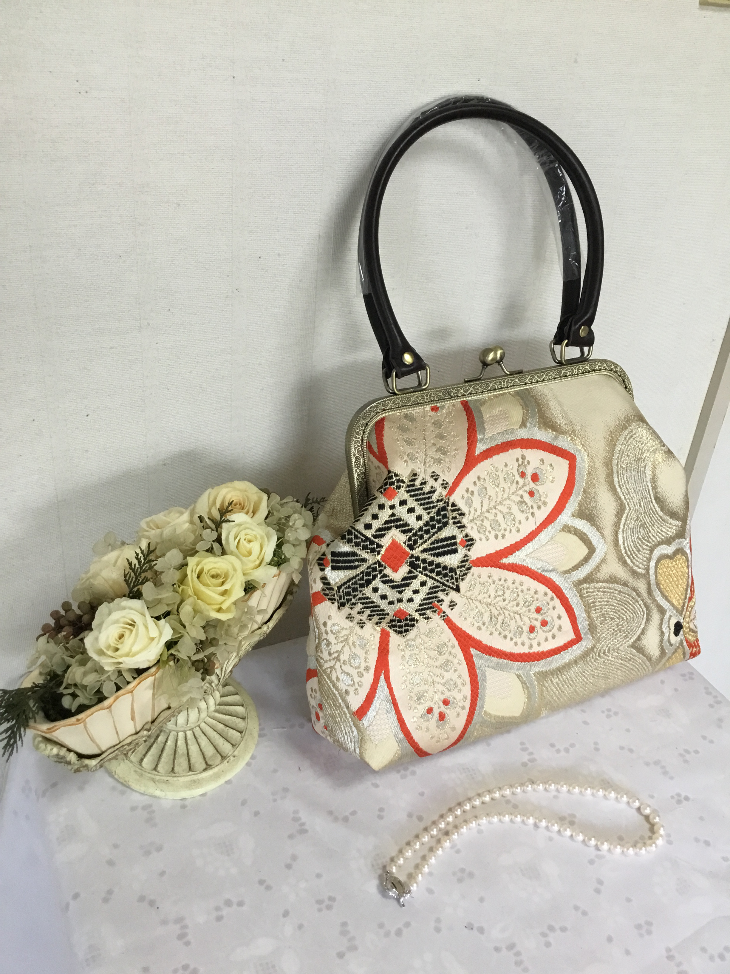 花ぷらら・ハンドメイド・リメイク・カバン・がま口バック・チェーンショルダー付き 花ぷらら・オリジナル・1点もの・ハンドメイド・がま口バック