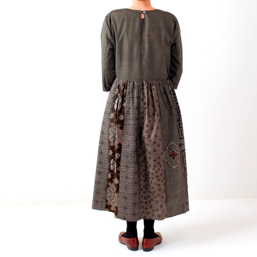 着物リメイク★大島紬 アンティーク ゆったり2wayチュニックワンピース アンティーク大島紬 着物リメイク 花柄ワンピース 2WAY ギャザー