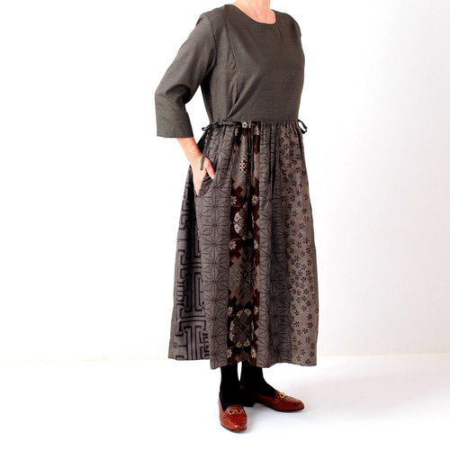 アンティーク大島紬のゆったりワンピース おうちリラックス 茶 着物