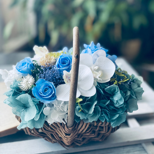 青 ブルーローズと幸せ胡蝶蘭の華やかバスケット 新築祝い仏花 開店