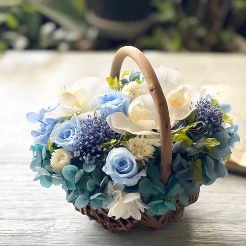 青 ブルーローズと幸せ胡蝶蘭の華やかバスケット 新築祝い仏花