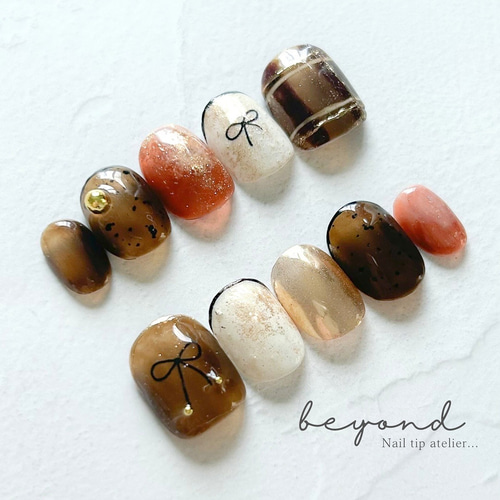 【匿名発送】ネイルチップ ニュアンス インク秋　チェック　推し　リボンno.78 匿名発送】ネイルチップ ニュアンス インク秋 チェック 推し リボンno