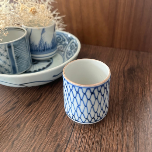 お猪口 青い波と鳥の絵柄 古伊万里ぐい呑み 古伊万里 竹林の七賢図 染