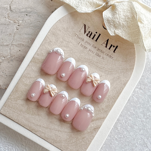 ネイルチップ ハンドメイド ピンク 韓国ネイル 3Dリボン フレンチ