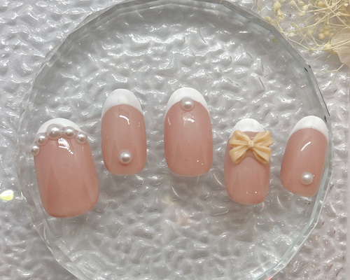 ネイルチップ ハンドメイド ピンク 韓国ネイル 3Dリボン フレンチ