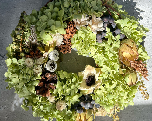 紫陽花アナベル秋リース:ドライフラワーリース リース 花うさぎ