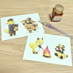 タヌキ&キツネ　ポケモンカード ある秋のタヌキとキツネのイラストポストカード ポストカード す