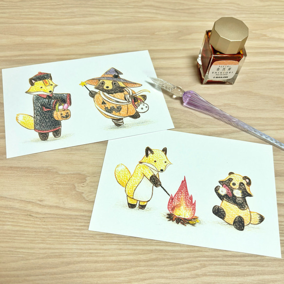 タヌキ&キツネ　ポケモンカード ある秋のタヌキとキツネのイラストポストカード ポストカード す