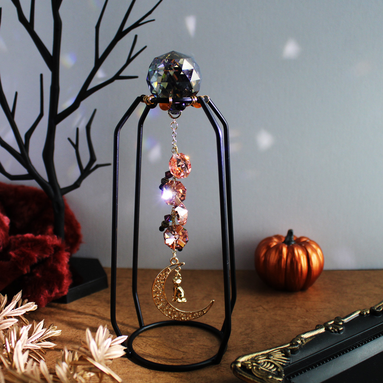 さりげなくハロウィン♪猫と三日月の置き型スタンド付リフレクトサンキャッチャー [受注制作]引越し祝いや転職祝いにも