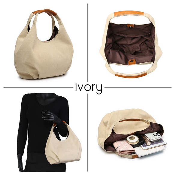 ふんわり丸くてかわいい トートバッグ バルーントート サマーバッグ 帆布×牛革 コンビ キャンバス ワンショルダー 11枚目の画像