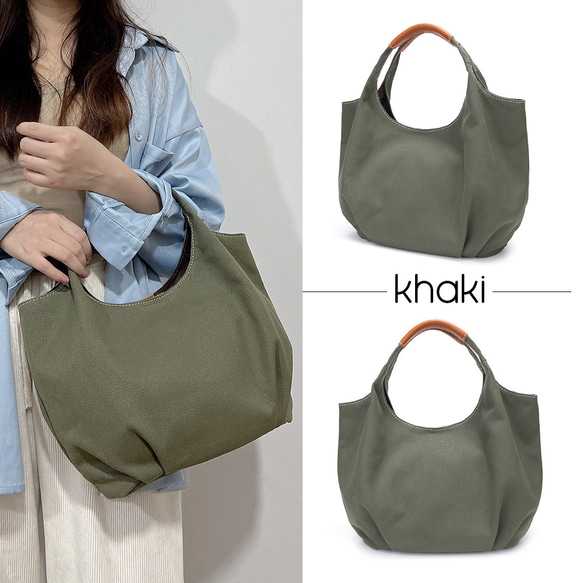 ふんわり丸くてかわいい トートバッグ バルーントート サマーバッグ 帆布×牛革 コンビ キャンバス ワンショルダー 19枚目の画像