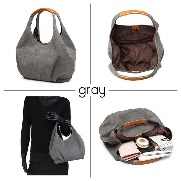 ふんわり丸くてかわいい トートバッグ バルーントート サマーバッグ 帆布×牛革 コンビ キャンバス ワンショルダー 9枚目の画像