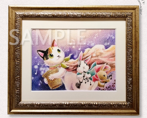 原画・パステル画｢蘇る音楽｣下島みちこ/絵画・額縁・猫・うさぎ