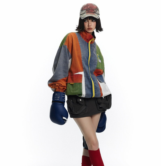 デザイナーが新たにデザインしたバイカラージャケットのゆったりとした男女のワークコートメンズ・レディース兼用 W435 2枚目の画像