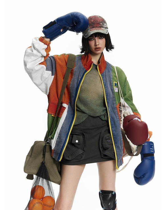 デザイナーが新たにデザインしたバイカラージャケットのゆったりとした男女のワークコートメンズ・レディース兼用 W435 5枚目の画像
