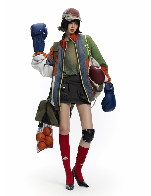 デザイナーが新たにデザインしたバイカラージャケットのゆったりとした男女のワークコートメンズ・レディース兼用 W435 4枚目の画像