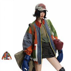 デザイナーが新たにデザインしたバイカラージャケットのゆったりとした男女のワークコートメンズ・レディース兼用 W435 1枚目の画像