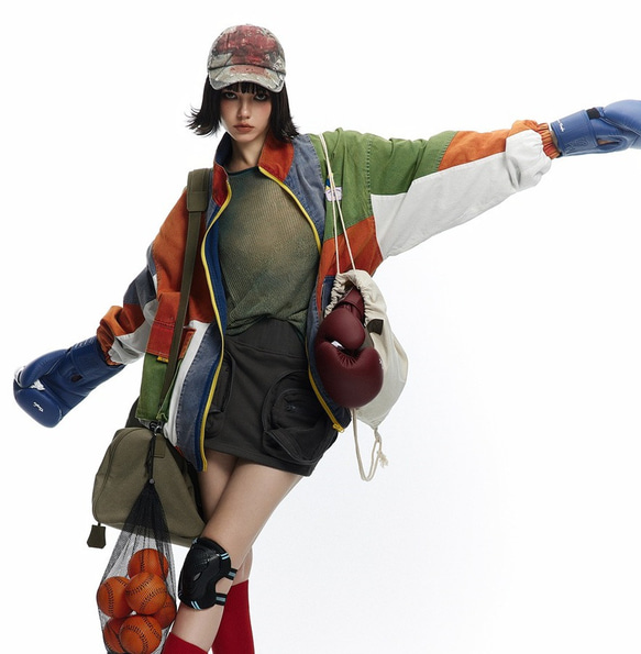 デザイナーが新たにデザインしたバイカラージャケットのゆったりとした男女のワークコートメンズ・レディース兼用 W435 3枚目の画像