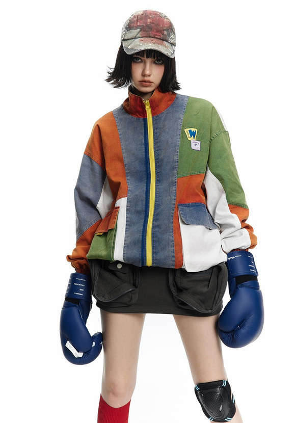 デザイナーが新たにデザインしたバイカラージャケットのゆったりとした男女のワークコートメンズ・レディース兼用 W435 6枚目の画像