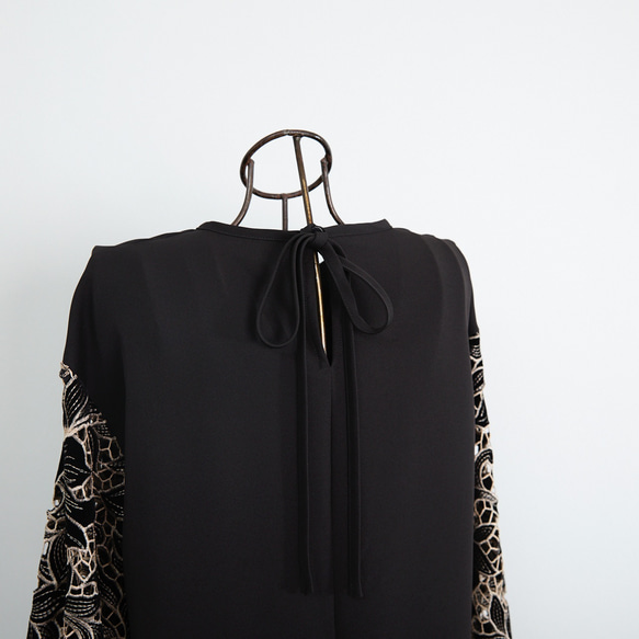 【着丈調整可能】透け感あるベルベットカットレース 異素材バルーン袖  ワンピース　ブラック　0644 15枚目の画像