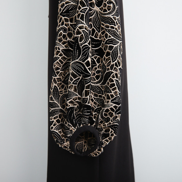 【着丈調整可能】透け感あるベルベットカットレース 異素材バルーン袖  ワンピース　ブラック　0644 16枚目の画像