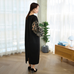 【着丈調整可能】透け感あるベルベットカットレース 異素材バルーン袖  ワンピース　ブラック　0644 9枚目の画像