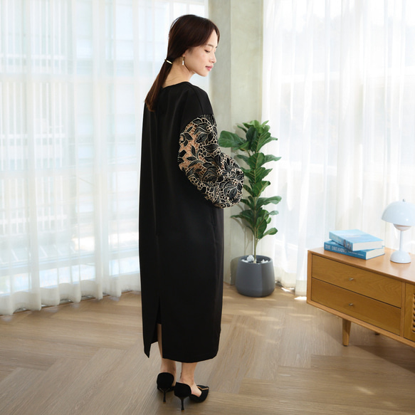 【着丈調整可能】透け感あるベルベットカットレース 異素材バルーン袖  ワンピース　ブラック　0644 9枚目の画像