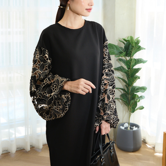 【着丈調整可能】透け感あるベルベットカットレース 異素材バルーン袖  ワンピース　ブラック　0644 1枚目の画像