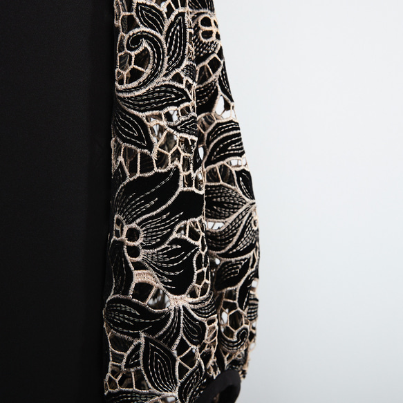 【着丈調整可能】透け感あるベルベットカットレース 異素材バルーン袖  ワンピース　ブラック　0644 17枚目の画像