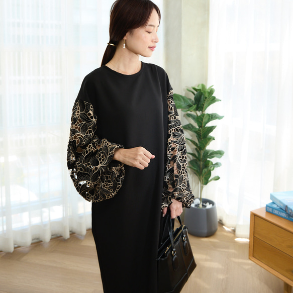 【着丈調整可能】透け感あるベルベットカットレース 異素材バルーン袖  ワンピース　ブラック　0644 10枚目の画像