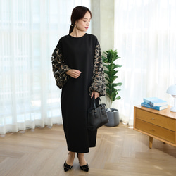 【着丈調整可能】透け感あるベルベットカットレース 異素材バルーン袖  ワンピース　ブラック　0644 6枚目の画像