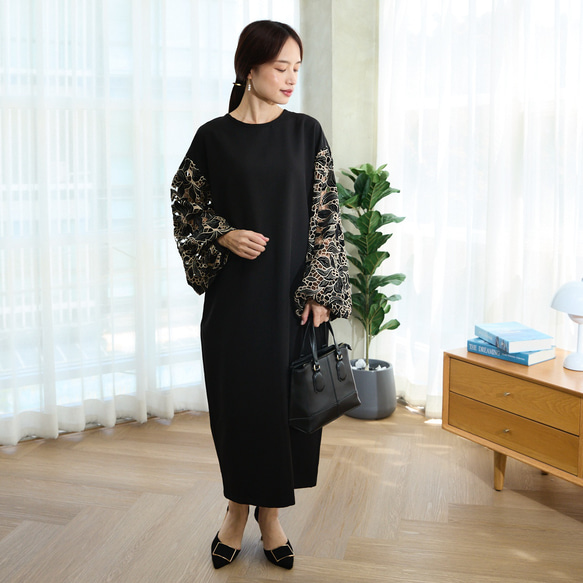 【着丈調整可能】透け感あるベルベットカットレース 異素材バルーン袖  ワンピース　ブラック　0644 6枚目の画像