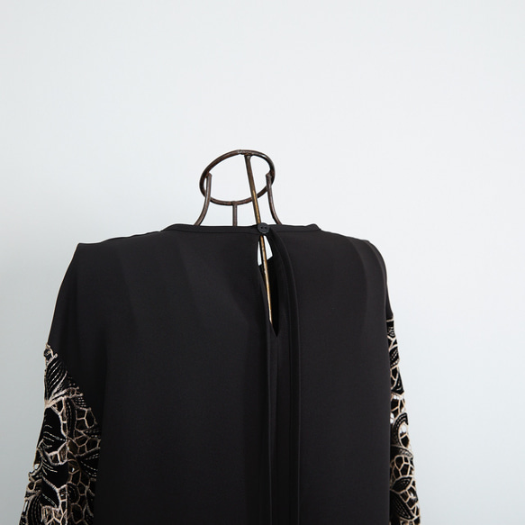 【着丈調整可能】透け感あるベルベットカットレース 異素材バルーン袖  ワンピース　ブラック　0644 14枚目の画像