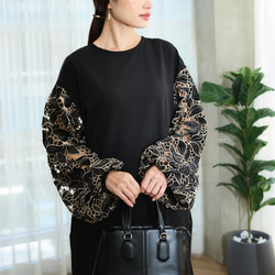 【着丈調整可能】透け感あるベルベットカットレース 異素材バルーン袖  ワンピース　ブラック　0644 2枚目の画像