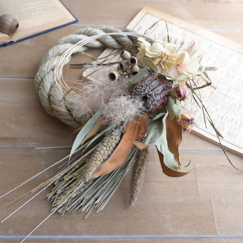 2日以内発送】ドライフラワーを外せる2wayしめ縄飾り＊バンクシアの