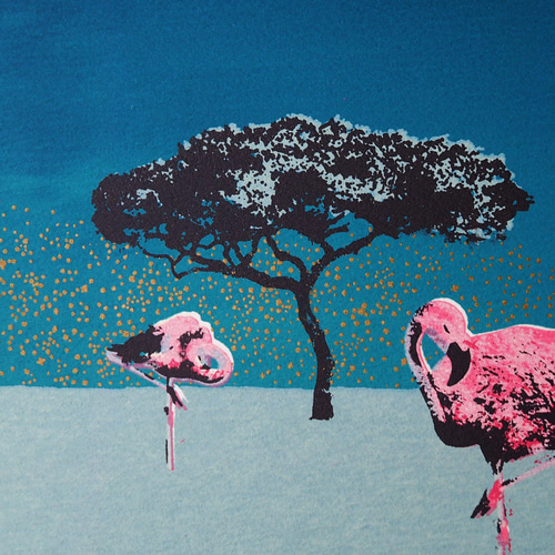 おだやかなフラミンゴたちの世界 シルクスクリーン版画 版画 G.O.A.T
