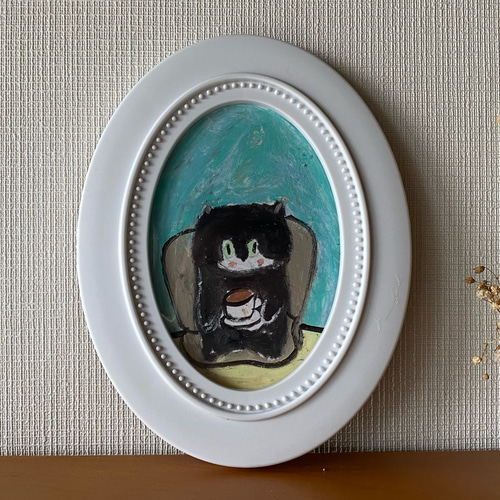 絵画。原画【黒猫ちゃんはソファーでコーヒーをカジュアルに飲む】
