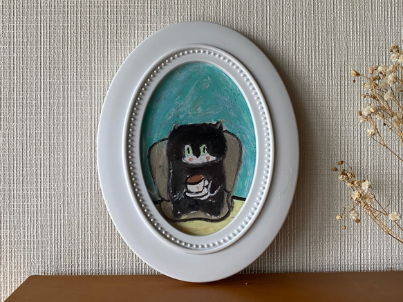絵画。原画【黒猫ちゃんはソファーでコーヒーをカジュアルに飲む】