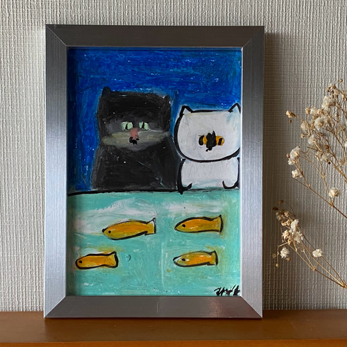 絵画 。壁掛け絵原画手描き【かわいい猫たちの楽しいワインパーティー】 絵画 手描き【かわいい猫たちが花 ワイン 果物のテーブルを囲ん