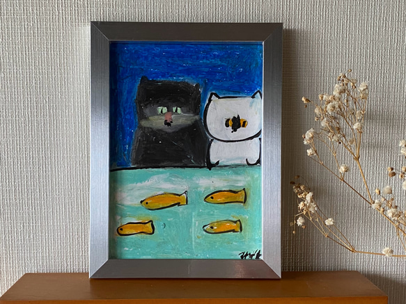 絵画。原画【二匹の猫が一緒にデートの道にきれいな星を探しに行きます】 絵画。原画【二匹の猫が一緒にデートの道にきれいな星を探しに
