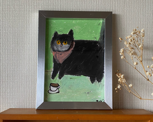 絵画。原画【椅子の上の黒猫がコーヒーを見た】 絵画。原画【椅子の上の黒猫がコーヒーを見た】