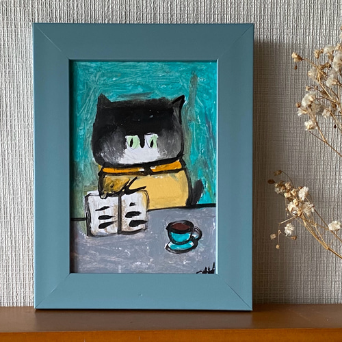 絵画。原画【椅子の上の黒猫がコーヒーを見た】 絵画。原画【黒猫は午後に本を読んだりコーヒーを飲んだりする