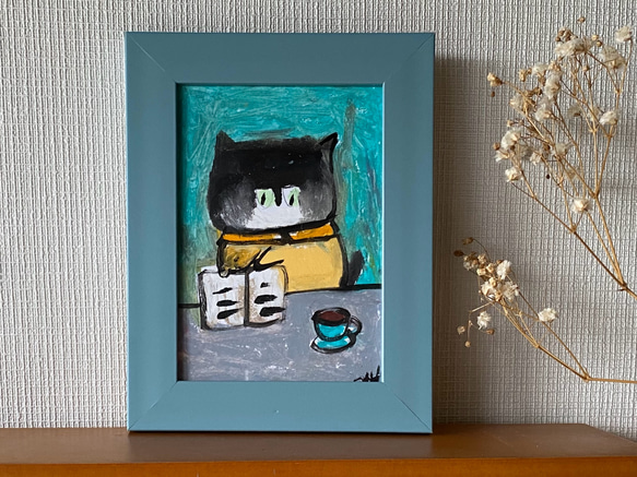 絵画。原画【椅子の上の黒猫がコーヒーを見た】 絵画。原画【椅子の上の黒猫がコーヒーを見た】