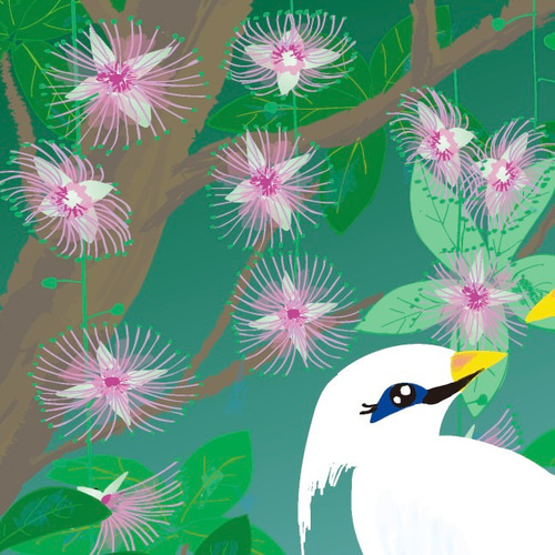 バリの鳥と花と舞踏」インテリアイラスト絵画ポスター(額縁なし