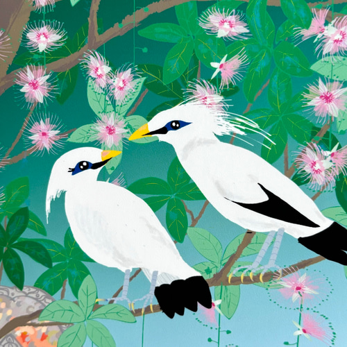 バリの鳥と花と舞踏」インテリアイラスト絵画ポスター(額縁なし