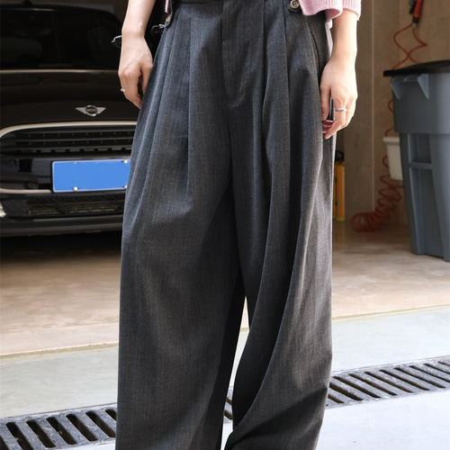 黒とグレーのテクスチャードウールグレーのストライプパンツ、ルーズで