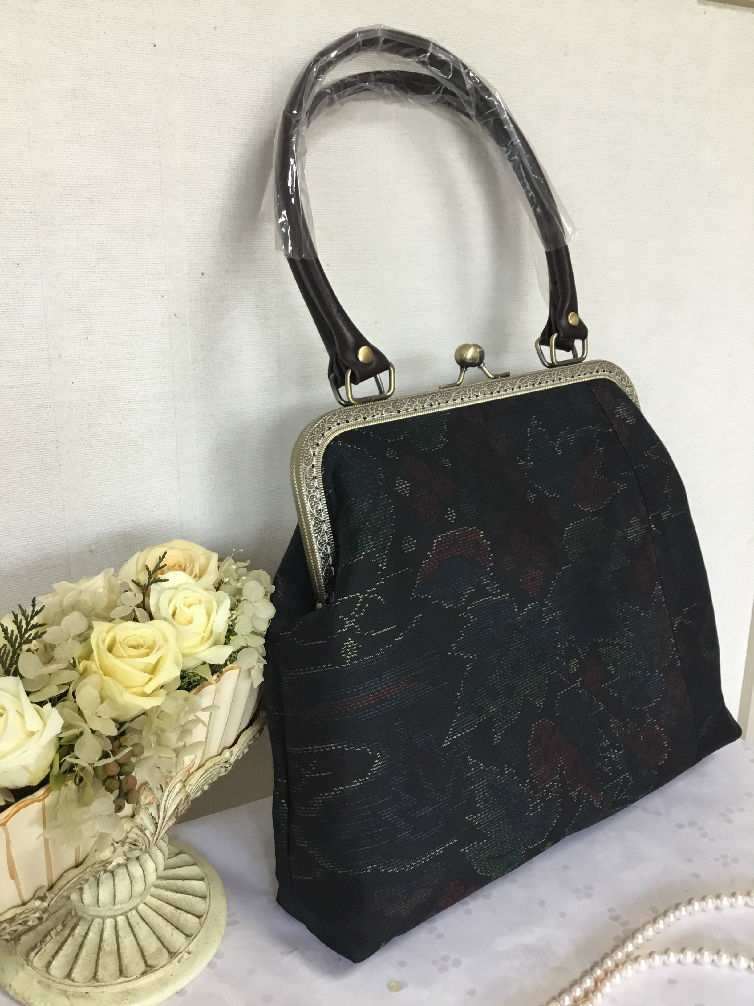 花ぷらら・オリジナル・1点物・ハンドメイド・リメイク・大島紬・カバン・がま口バック・深緑・上品・お洒落・普段使い・225